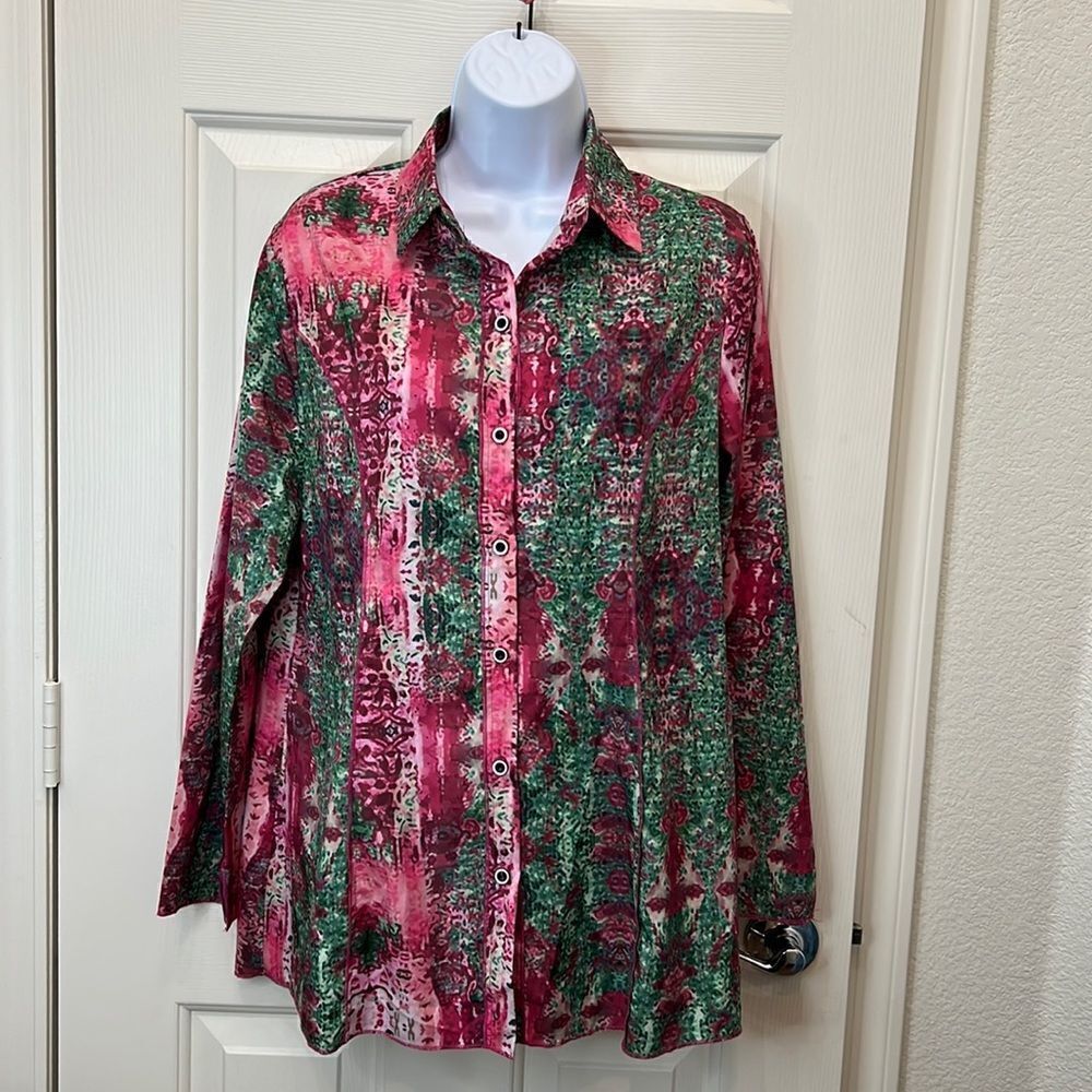 Misslook Blouse Size Medium Collar Button Front Long Sleeve Slimming Pink Green